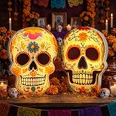 Gerrii 2 Pcs Day of The Dead Light Skull Decoration LED Sugar Skull Lantern | Dia De Muertos Sugar Skull Lantern, Wooden Marigold Flowers Pattern, Mexican Tabletop Centerpiece for Halloween Mantel Decor