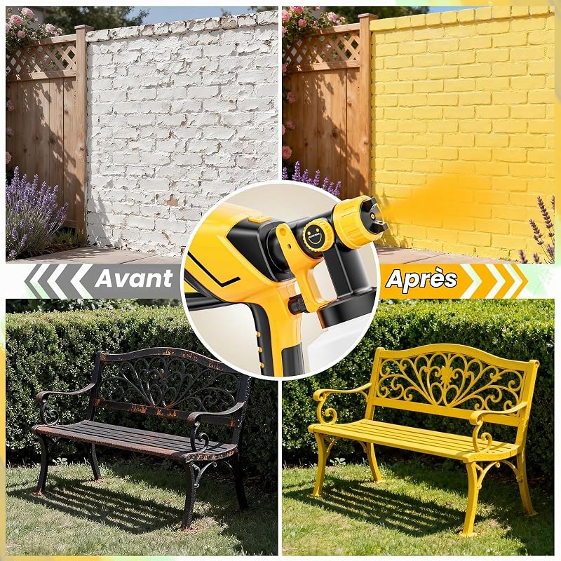 Pistolet à Peinture, 600W HVLP Pistolet Peinture Électrique avec réservoir 1200 ML, 5 Buses & 3 Motifs, Facile à Utiliser pour Meubles, Clôtures, Murs, Armoires, Plafonds, Abri de Jardin