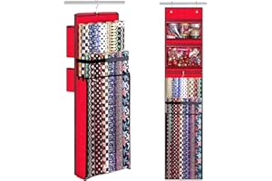 WOODOULOGY Wrapping Paper Organizer Storage, Double-Sided Hanging Gift Wrap Roll Holder for Christmas, 63"x13" Over Door Present Bag Container for Room Closet, Red Wrapper Station for Birthday
