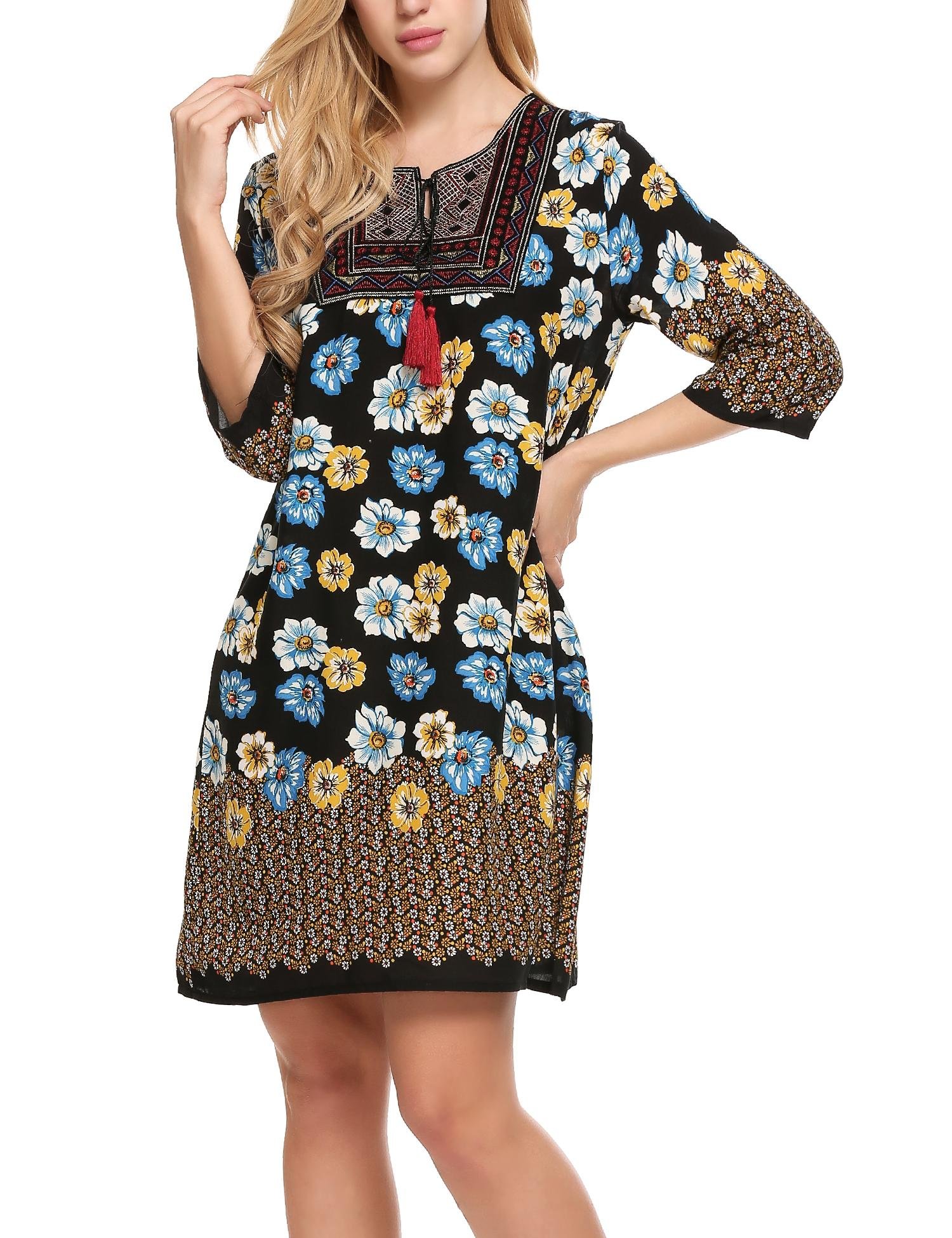 Elesol Women Summer Shift Dress Bohemian Neck Tie Vintage Printed Ethnic Style Pattern2 M