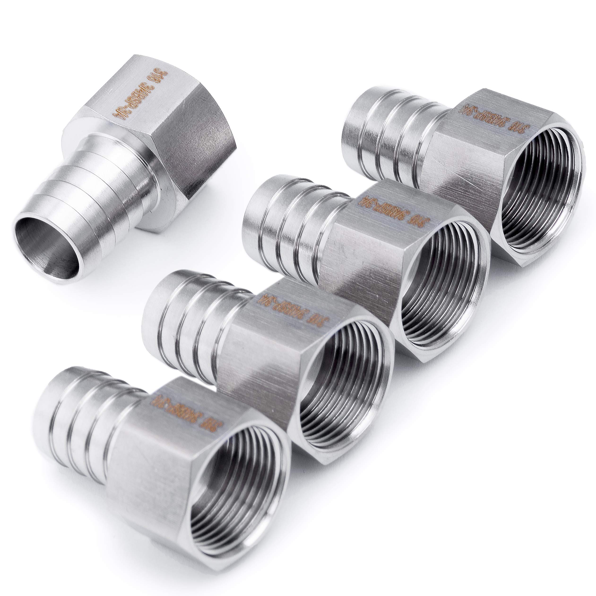 LTWFITTING Stainless Steel 316 BSP Fitting Coupler/Adapter 3/4-Inch Female BSPP x 3/4-Inch(19mm) Hose Barb Fuel Gas (Pack of 5)