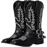 SheSole Extra Wide Calf Cowgirl Boots for Women with Buckles - Cowboy Boots with Hidden Stretch Panel & Removable Cushion - Comfort Square Toe Western Boots for Fuller Figures