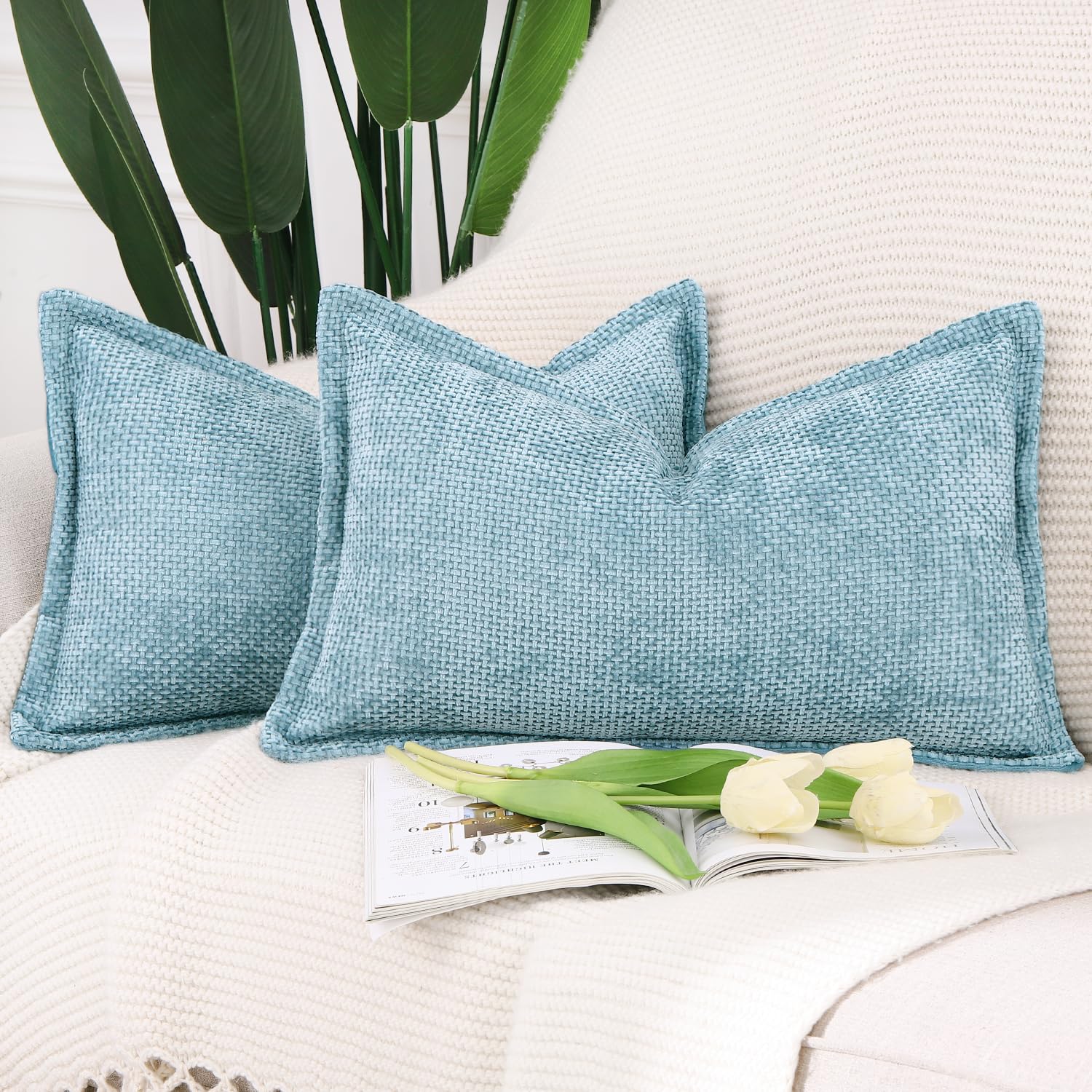 Madizz Set of 2 Chenille Velvet Cushion Covers with Flange Soft Boho Textured Throw Pillow Covers Broadside Pillowcases Modern Farmhouse Home Decor for Sofa Bedroom Light Blue 12x20 inch, 30x50 cm