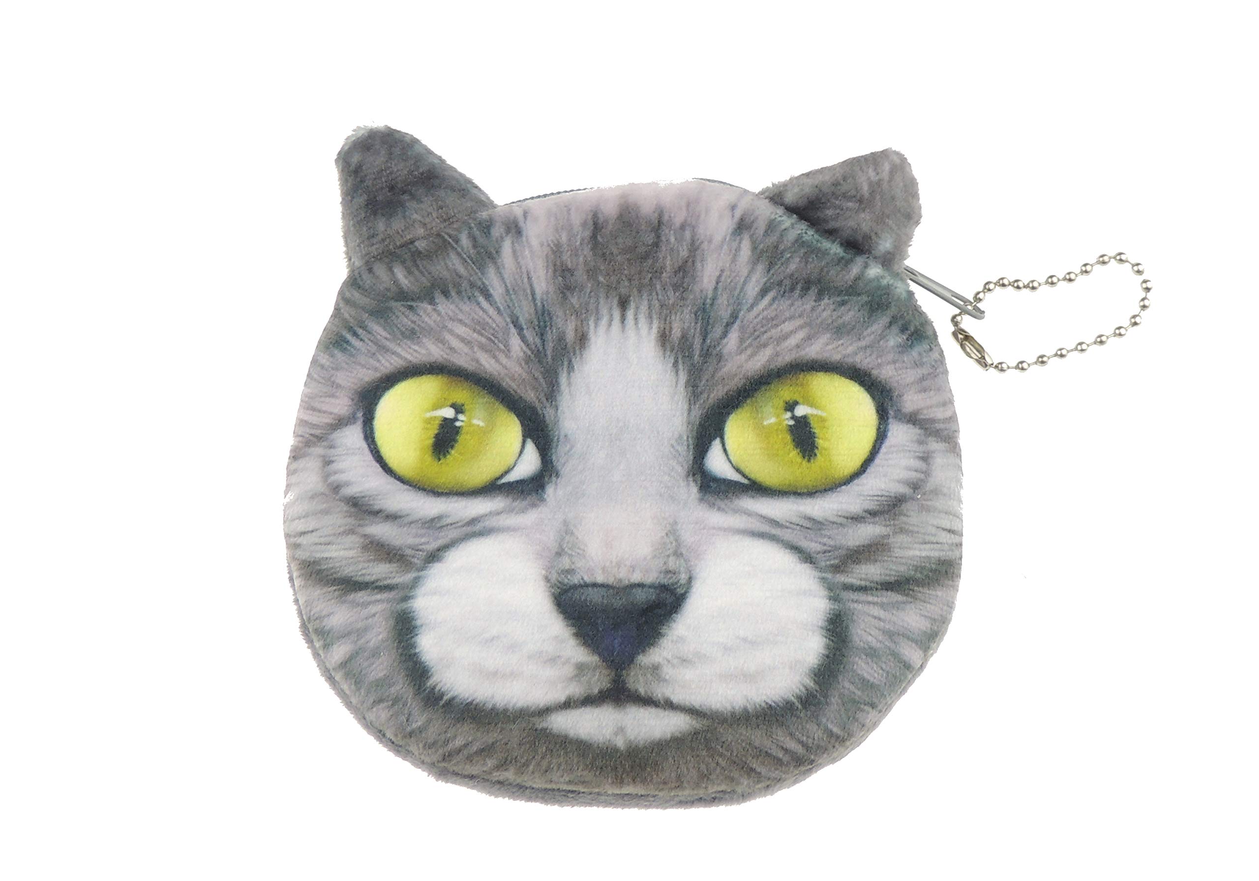 Womens Mens Cute Cat Kitten Kitty Animal Lovers Funny Christmas Birthday Gift Realistic Face Small Coin Change Money Makeup Zipper Holder Wallet Pouch Purse (Grey Yellow Eyes)