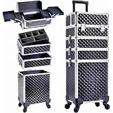 4-in-1 Rolling Makeup Train Case Portable Cosmetology Trolley Organizer Box | Detachable Multi-Tier Salon Cart with 360&deg; Wheels, Lockable Aluminum Frame for Hair Stylists, Nail Techs &amp; Estheticians