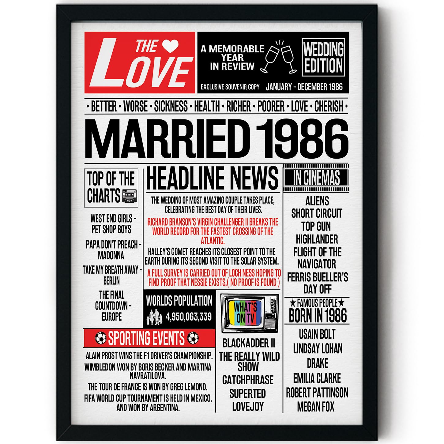 Stuff4 40th Anniversary Poster Framed - Married In 1986 Newspaper - Happy 40th Wedding Anniversary for Men Women Vintage Gifts Retro Back In 1986, 8x10 Inch Anniversaries Posters