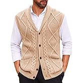 Runcati Mens Cable Knit Sweater Vest Shawl Collar Casual Slim Fit Sleeveless Button Down Cardigan Vest with Pockets