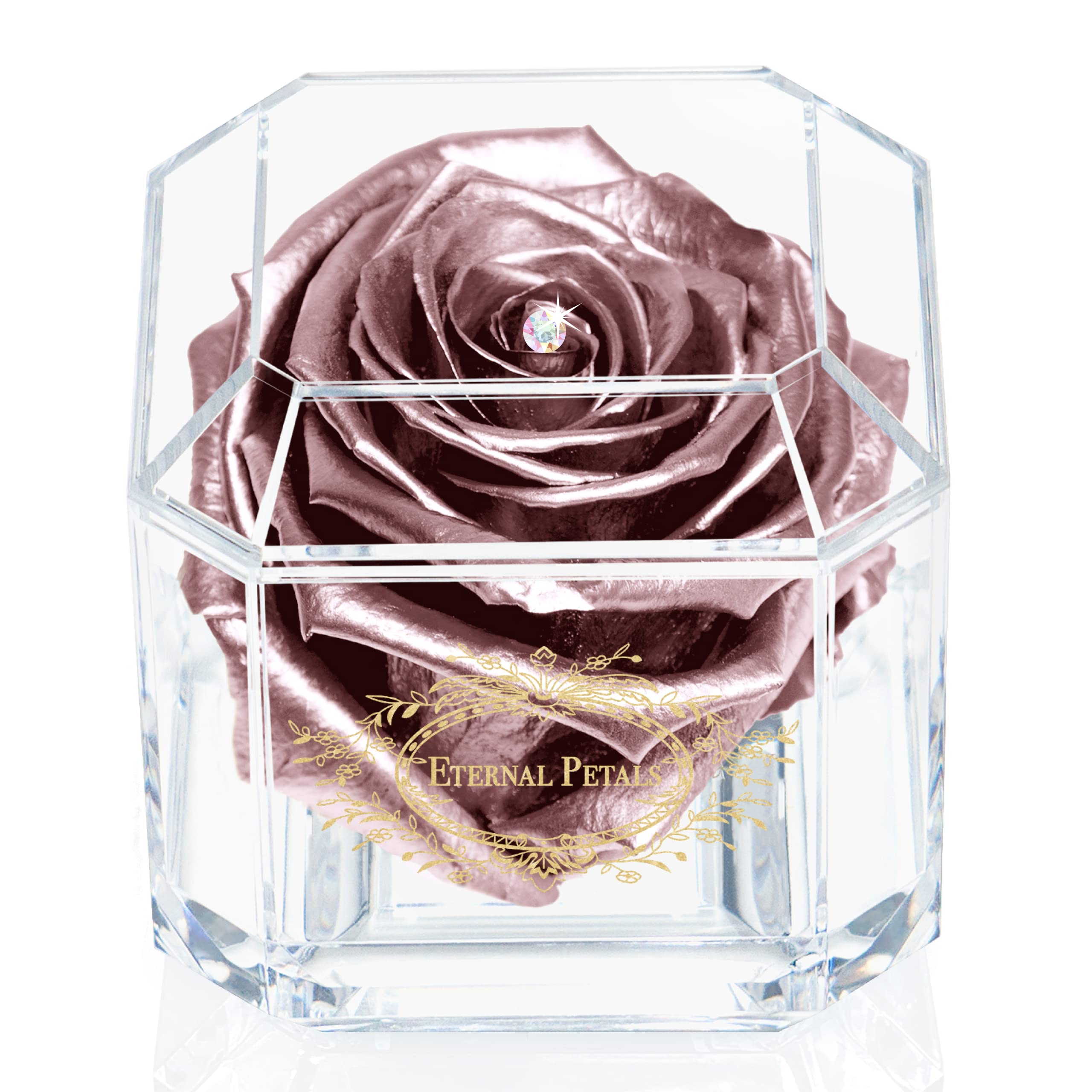 Eternal Petals A 100% Real Rose That Lasts Years, Handmade in UK – Gold Solo with A Multicolour Crystal (Rose Gold)