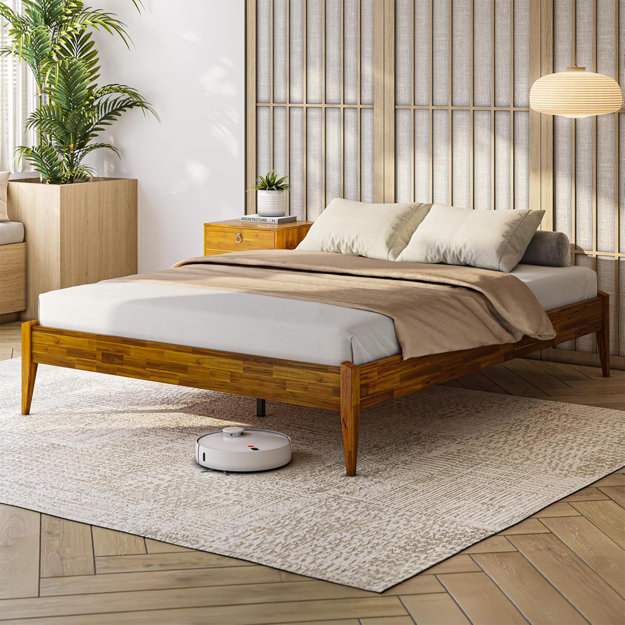 Photo 1 of **CHIP DAMAGE ON BIG PIECE**Bme Dinkee Wooden Queen Bed Frame, 15 Inch Height, Elegant Minimalist Modern Design with Japanese Joinery, Durable Wood Slats for Reliable Support, No Box Spring Required, Caramel