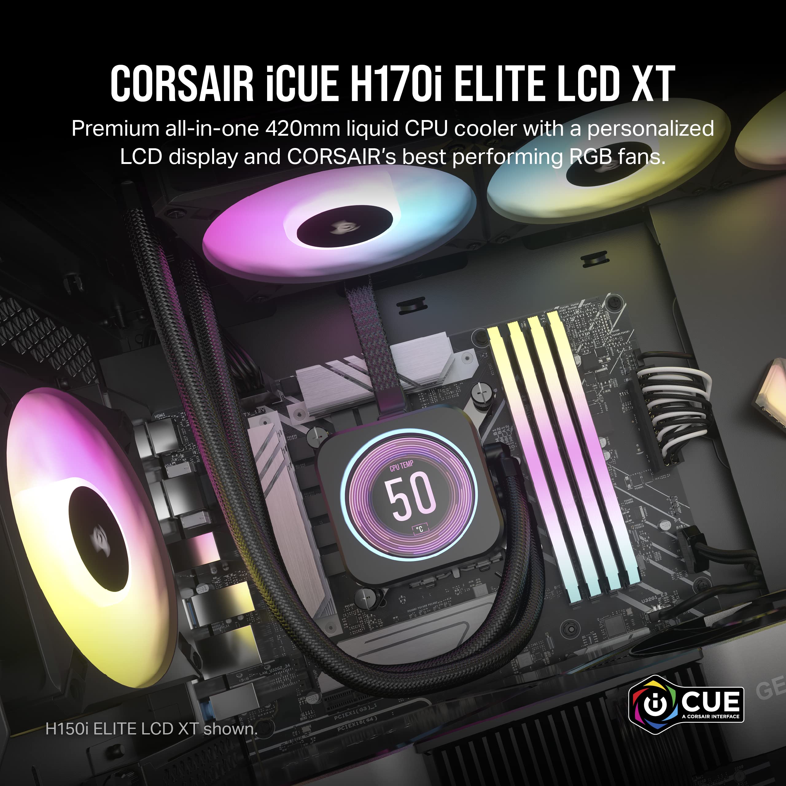 Corsair H170i Elite XT 420mm RGB Liquid CPU Cooler - IPS LCD Screen - AF140 RGB Fans - Fits Intel/AMD - iCUE Commander CORE - Black