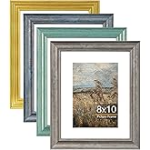 YOUNG POONG 8x10 Picture Frames Set of 4，Display Pictures 5x7 with Mat or 8x10 Without Mat，Vintage Picture Frames for Tabletop or Wall Display