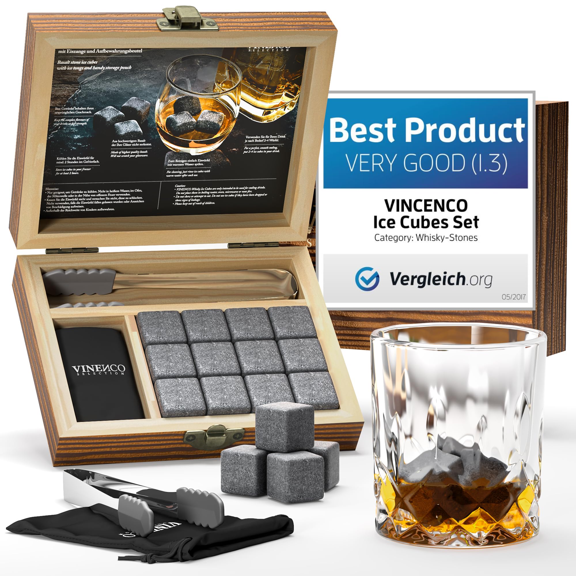 Whiskey Stones Set - Reusable Stainless Steel & Basalt Ice Cubes + Tongs | Premium Cooling Rocks Gift Kit: Chilling Cocktails & Drinks, Cognac Scotch Bourbon Whisky | Birthday Idea Bar Party Men Women