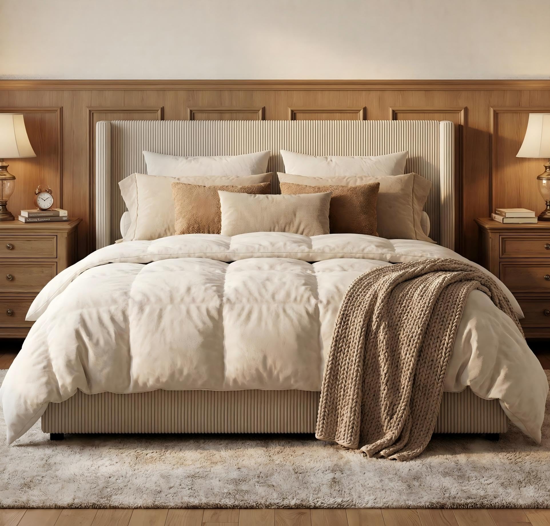 Photo 1 of GarveeHome Queen Size Bed Frame with Storage Drawers, Corduroy Upholstered Platform Bed with Wingback and Tufted Headboard, No Box Spring Needed, Beige