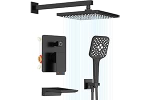 Gabrylly Shower System with Tub Spout, Wall Mounted Tub Shower Faucet Set for Bathroom with High Pressure 10" Rain Shower head and 3-Setting Handheld Shower Head Set,Matte Black
