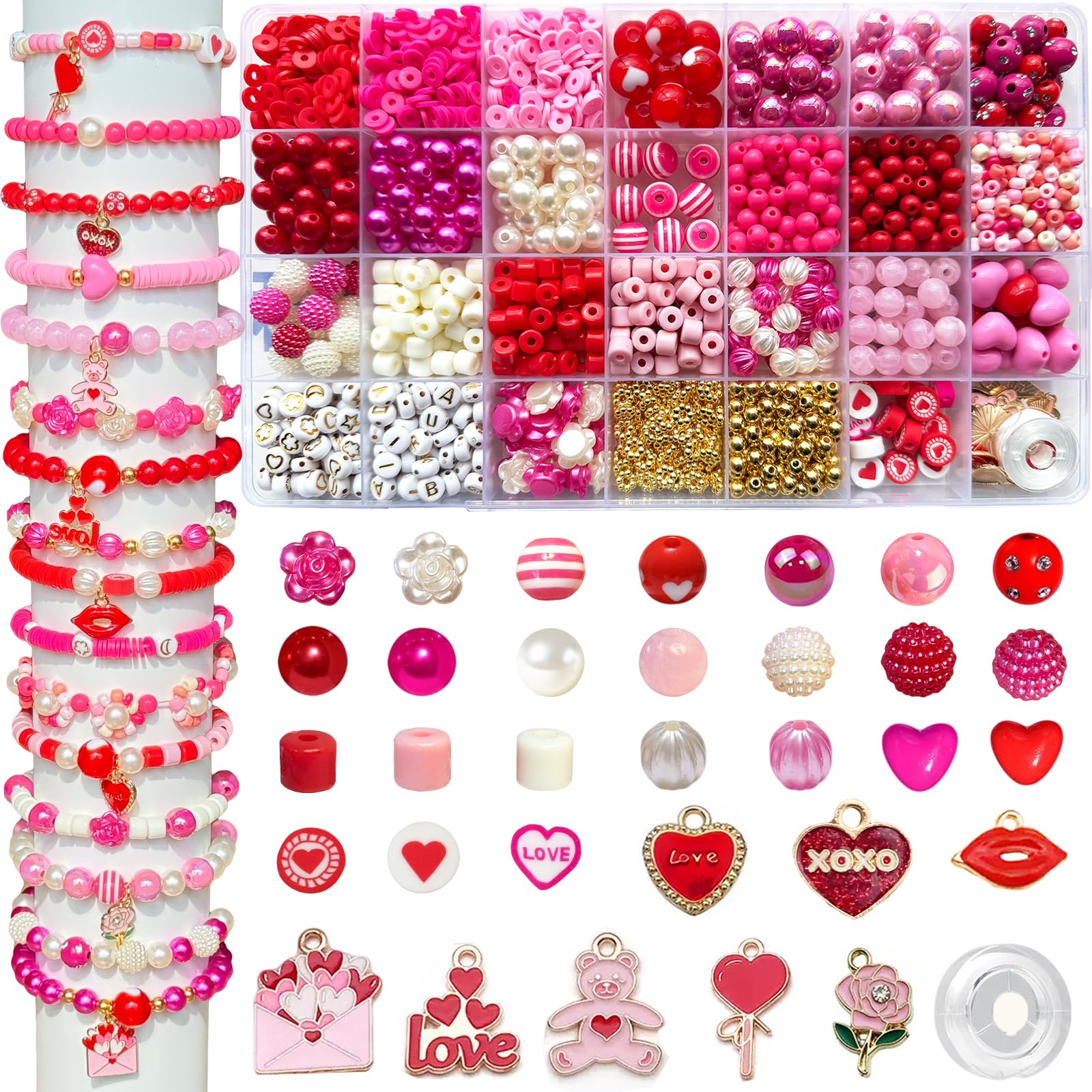 Photo 1 of  Valentine’s Day Beads for Bracelets Jewelry Making Set, Pink Red Polymer Clay Beads Assorted Pearl Acrylic Heart Bead Letter Spacer Flower Bead and Heart Charms for Necklace Bracelets Making