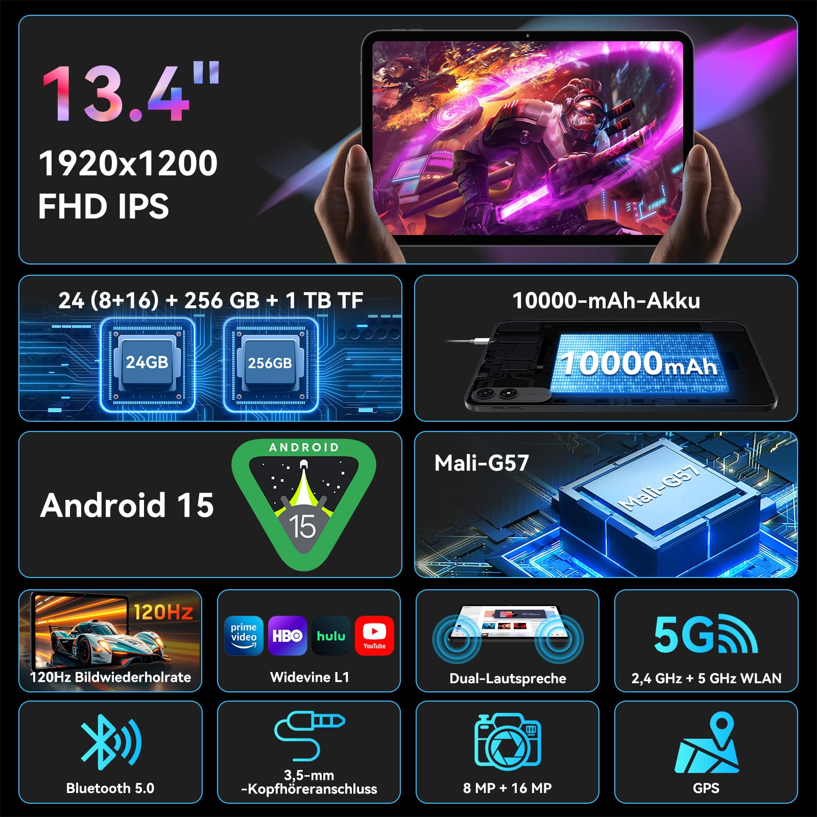 T60 Pro Tablet 13.4 Zoll, Tablet Android 16 mit Tastatur, 120Hz FHD Display, 24GB RAM+256GB ROM, 10000mA, Widevine L1, Octa-Core Gaming Tablet für Studium,Arbeit,inkl. Stift & Maus, 4 Jahre Garantie 2