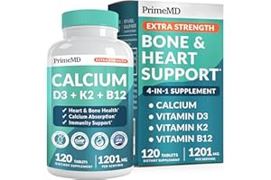 PRIMEMD 4-in-1 Calcium 1200mg with Vitamin D3 - Calcium Supplement for Women and Men with Vitamin K2 B12 5000 IU - Extra Strength Calcium Citrate for Bone and Heart Support (120ct)