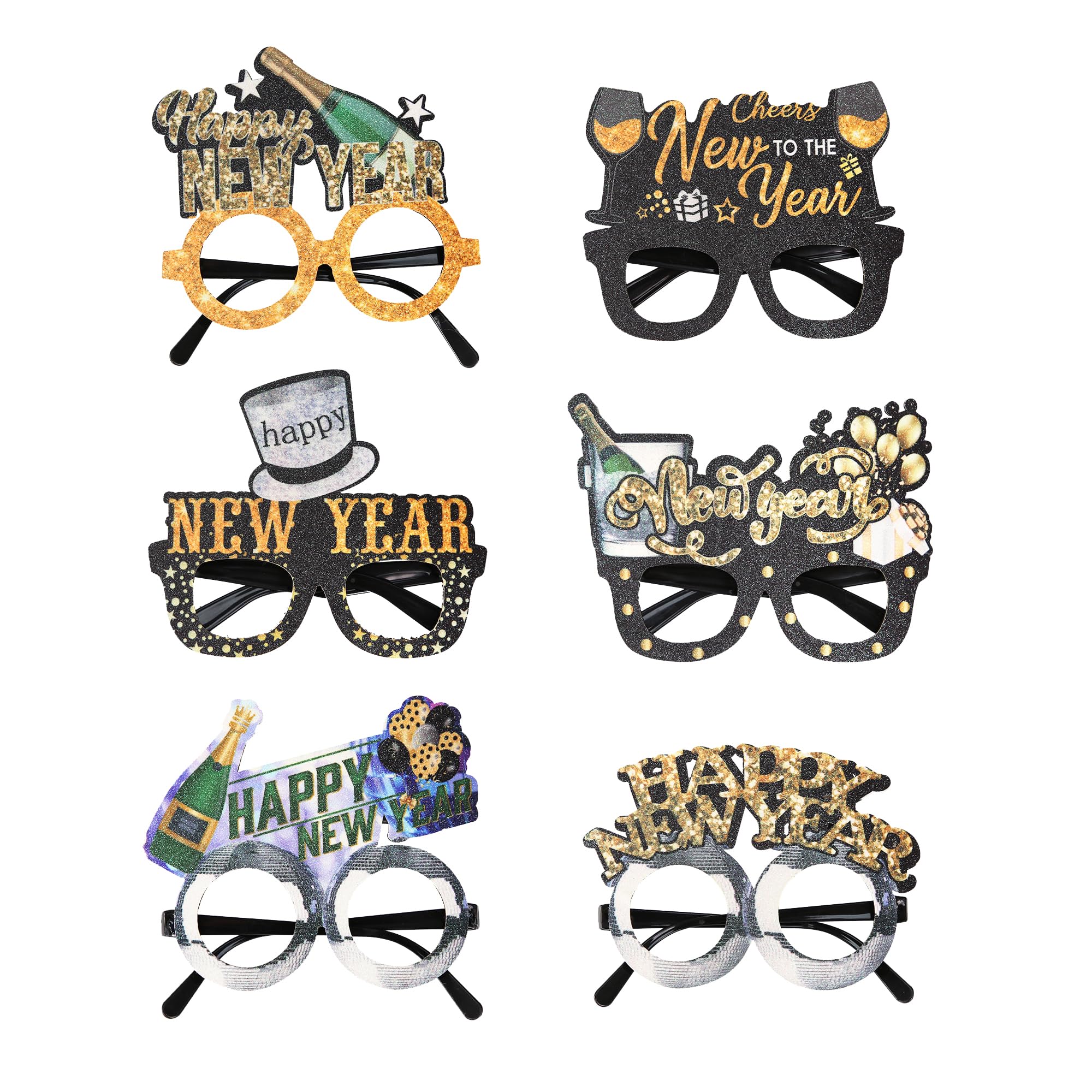 View 1 of 6 PCS New Year Eyeglasses Happy New Year Hat Crown Shaped Sunglasses Black Gold New Year Photo Booth Props with Glitter Foil Eyeglasses for 2026 New Year's Eve Party Decorations