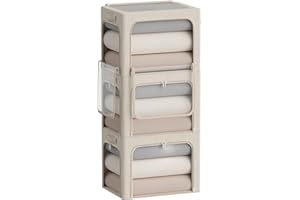 CYHOM 3 Openings Clothes Storage Bins Box - 3Pack Stackable Foldable Storage Bin - Metal Frame Storage Box Clothing Storage Organizer with Clear Window, Carry Handles (36L-15.7x11.8x11.8in, Beige)