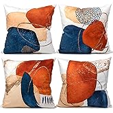 Lokiiy Burnt Orange Throw Pillow Covers 18x18 Set of 4 – Boho Decorative Pillow Cases for Couch Sofa Bedroom, Modern Geometric Abstract Cushion Covers, Navy Blue and Orange Home Decor Accent Pillows