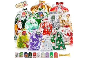 Koncci 32pcs Gift Christmas Bags, 5 Assorted Sizes Holiday Xmas Gift Bags with Tags, Christmas Drawstring Bags for Gifts Wrapping Party Presents Decorations - Large Medium Small