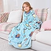 Softan Kids Snuggies Wearable Fleece Blanket with Sleeves & Foot Pocket for Kids Girls Boys, Lightweight Soft Blanket,Snacks