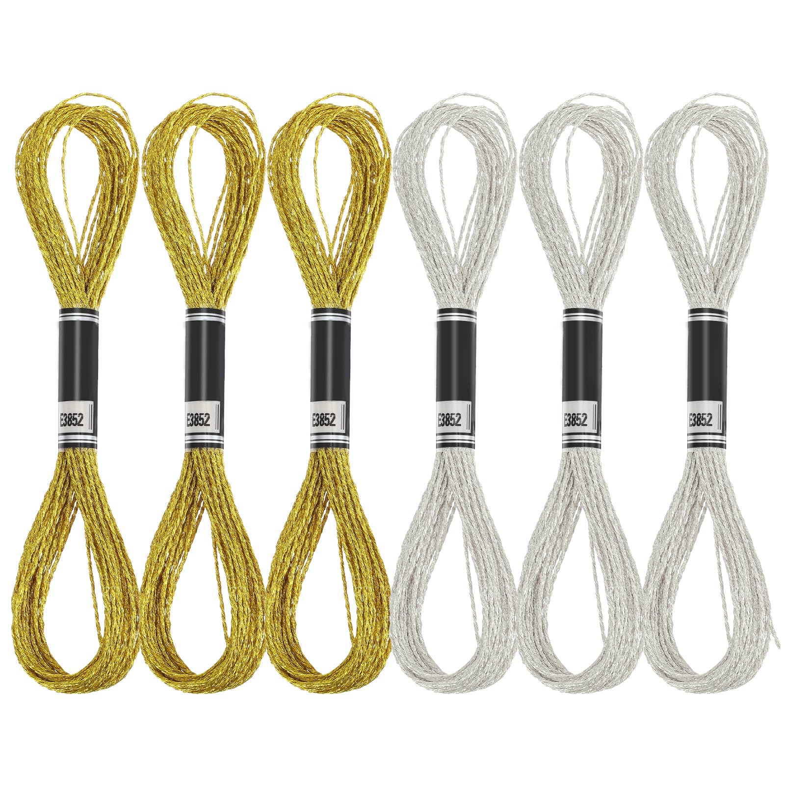 6 Skeins Metallic Embroidery Floss, Glitter Silver & Gold Embroidery Thread Set, Polyester Sewing Embroidery Floss Cross Stitch Thread Friendship Bracelets Threads for Hand Embroidery, String Art