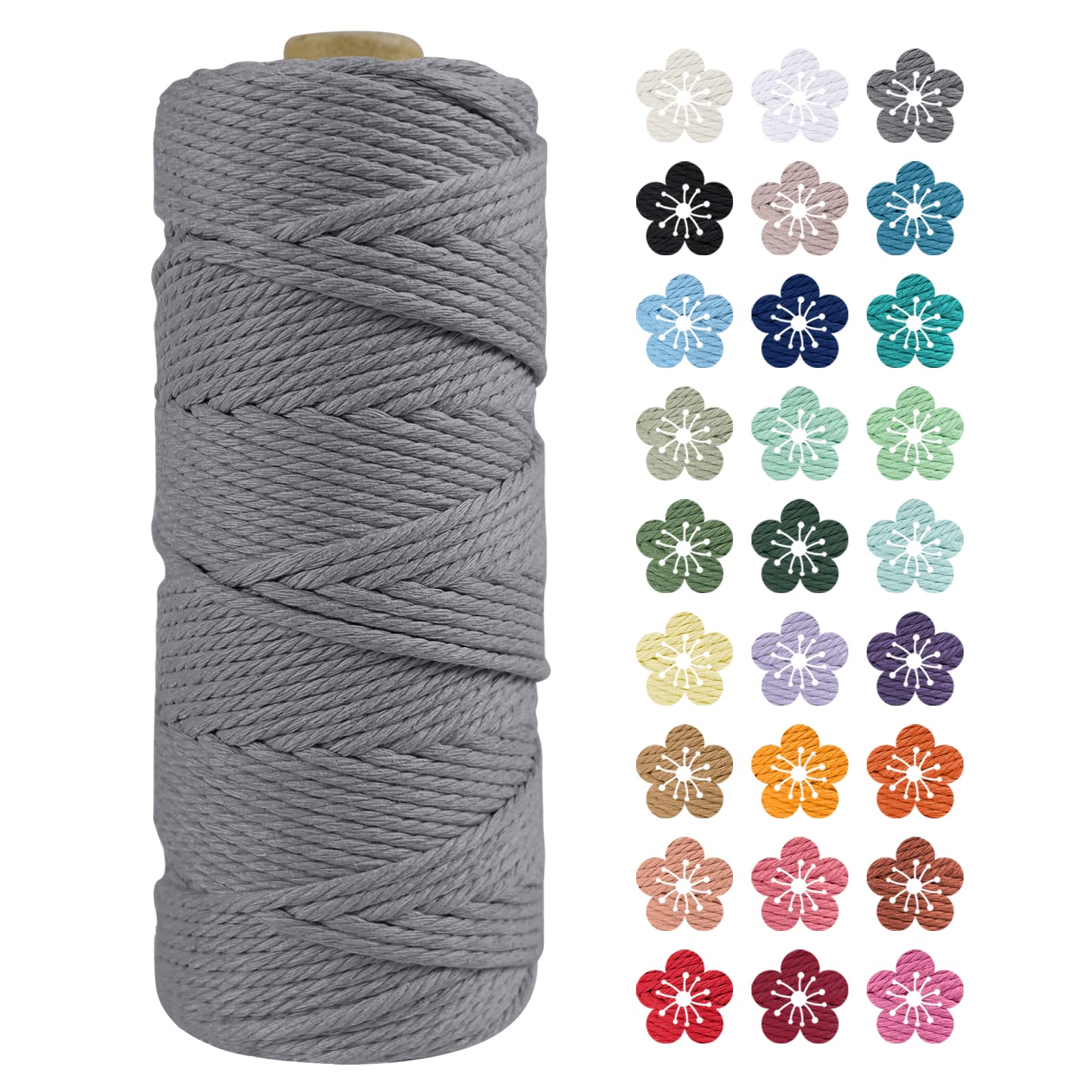 LEREATI Macrame Cord 2mm x 100m, Thick Macrame Rope Natural Cotton Rope Craft String, 3 Strand Twisted Cotton Cord Yarn for DIY Plant Hanger, Wall Hanging, Christmas Decoration (Gray)