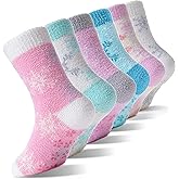 EBMORE Girls Kids Toddler Fuzzy Socks with Grips Non Slip Slipper Socks Crew Cabin Cozy Fluffy Warm Winter Socks 6 Pairs