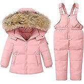 DISAUR Baby Girl Snowsuit Down Jacket Toddler Girls' Windproof Snow Wear,Kids Coat Hooded With Warm Snowbib Pants Skiing Set