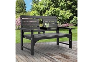 KULAMOON Outdoor Bench Weatherproof - HDPE 2-Person Garden Bench with Cup Holders, Bench Furniture with Backrest and Armrests, 700 lbs Capacity, Patio Park Bench for Front Porch Backyard Park (Black)