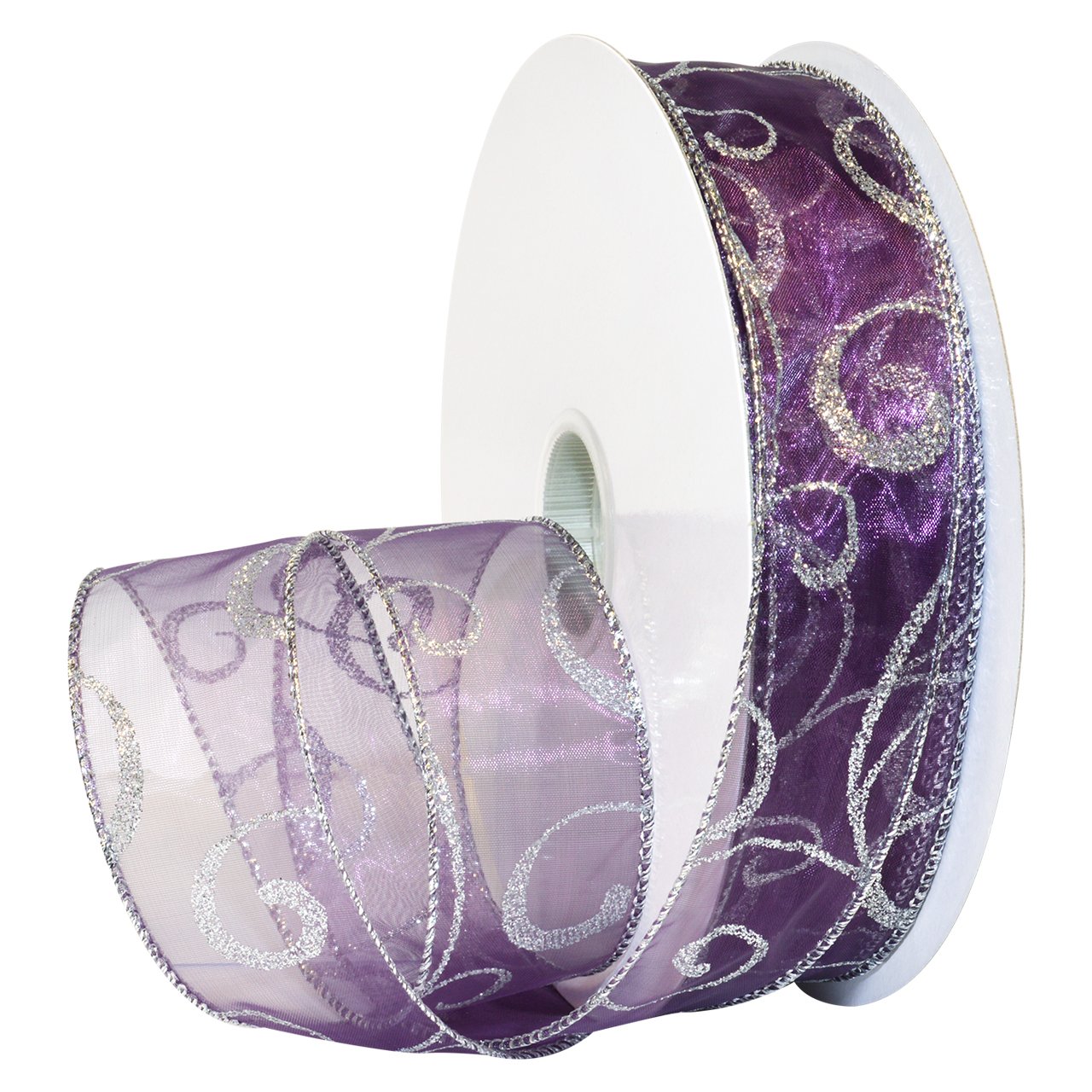 Morex Ribbon Wired Swirl Sheer Glitter Ribbons, Holiday Ribbon for Crafts and Christmas Decorations, Gift Wrapping, 1.5" x 50 Yd, Purple/Silver