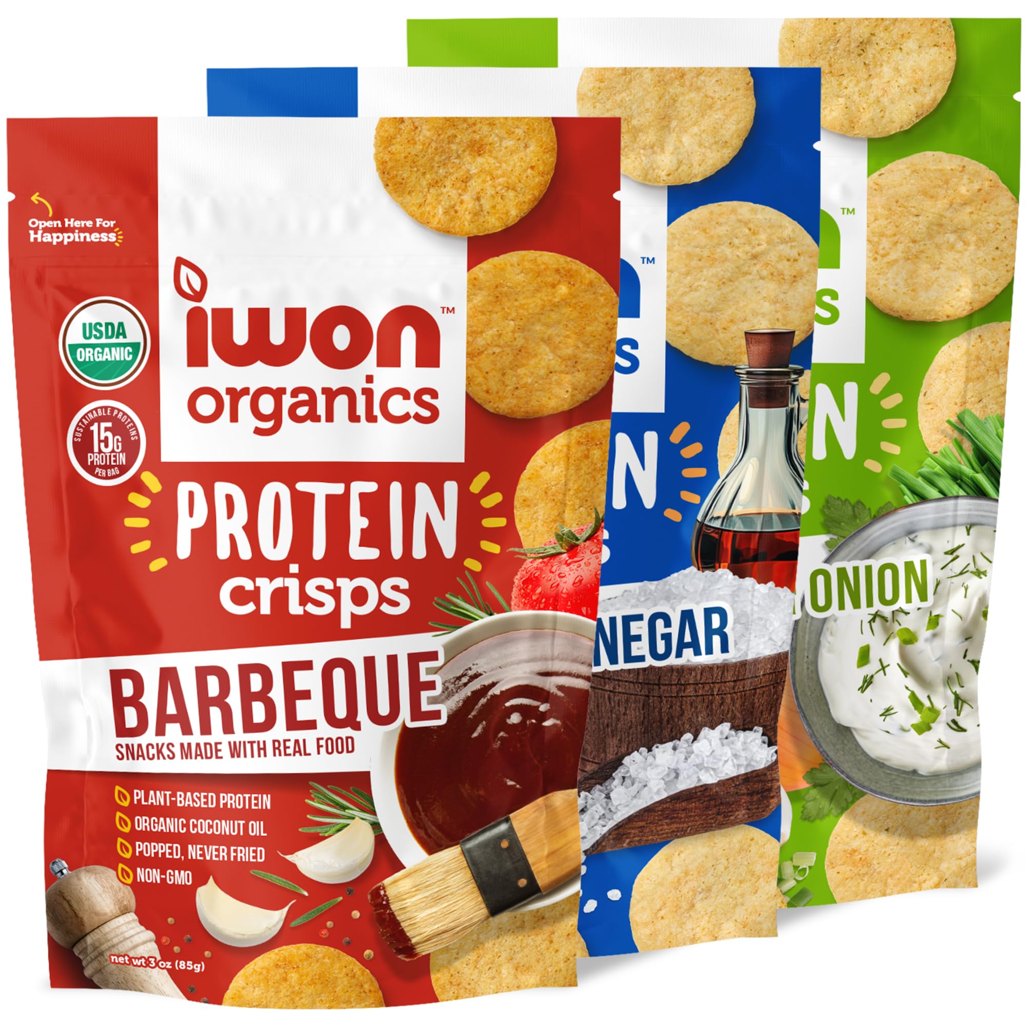 IWON Organics, Variety Pack of Protein Crisps, High Protein and Organic Healthy Snacks, 3 Bags, 3 Flavors, 3 Ounces Each