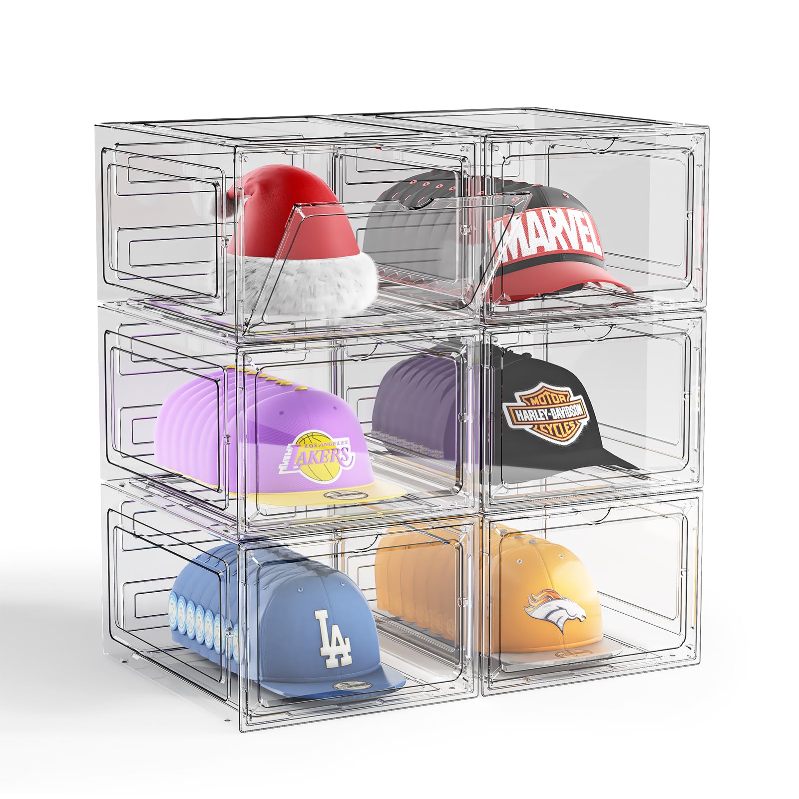 Photo 1 of ZHAIXIAONIAN Hat Organizer Box for Baseball Caps, 6 Pack Plastic Hat Storage Display Case with Magnetic Door, Hat Holder Rack for Closet, Snapback Organizer, Hold 8 Caps Each