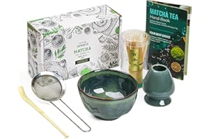 KAISHANE Bamboo Matcha Tea Whisk Set of 5 Including 100 Prong Matcha Whisk, Whisk Holder,Traditional Scoop,Tea sifter,and Ceramic Matcha Bowls(Black)