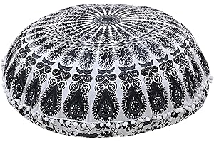 Shubhlaxmifashion Mandala Floor Pillow Cushion Seating Throw Cover Hippie Decorative Bohemian Ottoman Poufs, Pom Pom Pillow Cases,Boho Indian (32 Inches, Black and White)