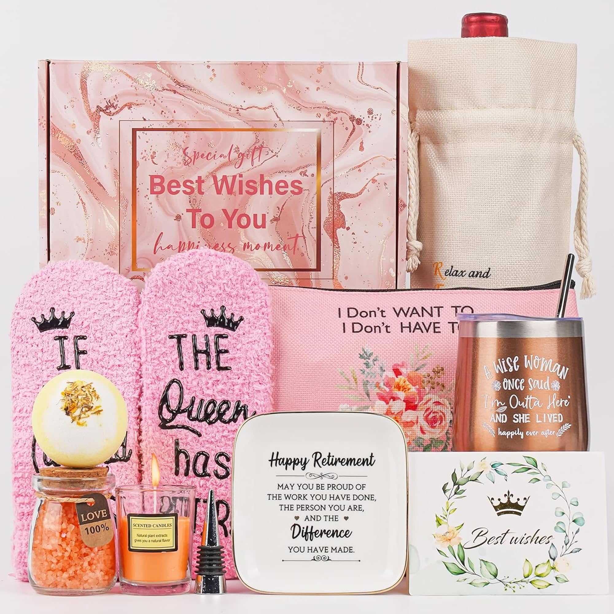Retirement Pamper Gifts Set for Women - Relaxing Spa Bath Box with Wine Tumbler Candle and Socks, Happy Retirement Leaving Gift for Coworker Friend Teachers Mom
