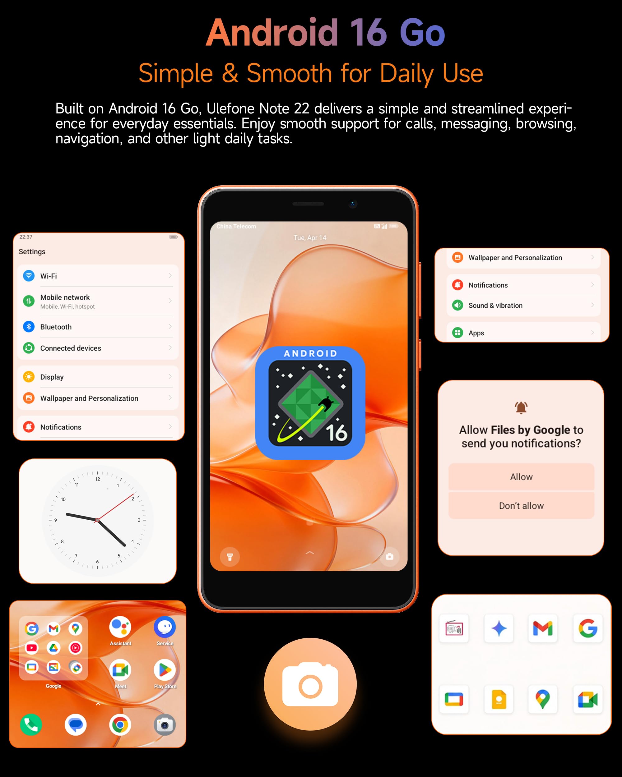 Ulefone Note 22 Handy Ohne Vertrag Android 16 Go, 20GB RAM+32GB ROM/SD-2TB, 3000mAh Austauschbarer Akku, Mini 5.0" Octa Core Smartphone DREI Kartenfächer Dual SIM 4G/Face ID/GPS/OTG/FM Orange 4