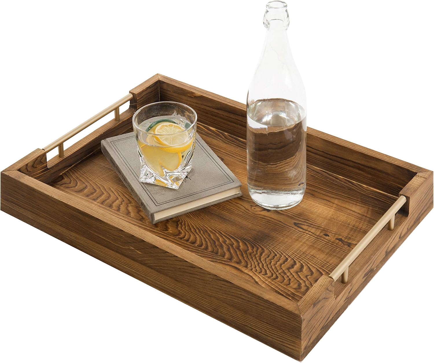 Rustic Burnt Wood 20-Inch Serving Tray with Modern Black Metal Handles: Home & Kitchen
