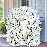 Siyaluens 2 Pcs UV Resistant Artificial Flowers for Outdoors, Realistic Faux Silk Bougainvillea Flowers, Fake Hanging Plants for Porch Patio Balcony Decoration (White)