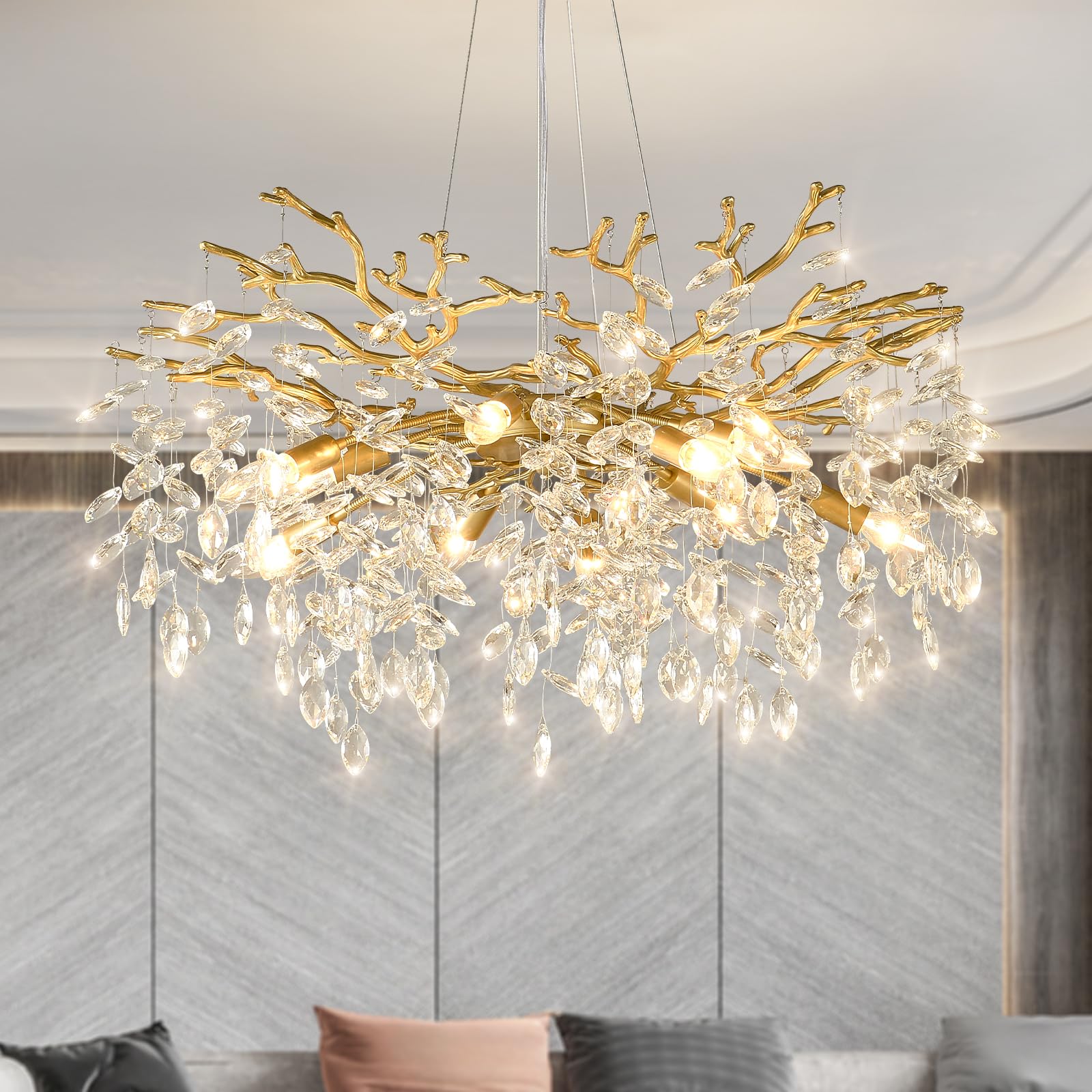 Photo 1 of (for parts/ unkown piece)EGM Gold Tree Branch Crystal Chandelier, 32 Inch Modern Raindrop Crystal Ceiling Light Fixtures 10-Light(E12), Hanging Round Chandeliers for Dining Room Living Room Bedroom Foyer