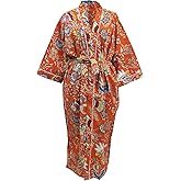 CRAFT KALA Women's Long Robes Kimono Robe with Colorful Crown Printed Pink Kimono Nightgown