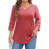 IN'VOLAND Womens Plus Size Tops 3/4 Length Sleeve Shirts Dressy Casual V Neck T Shirts Loose Summer Business Work Blouses