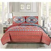 Western Southwestern Native American Quilt Set with Tribal Navajo Designs In Turquoise Red Orange Brown Bedspread Quilt Set (Queen 3 Pieces)