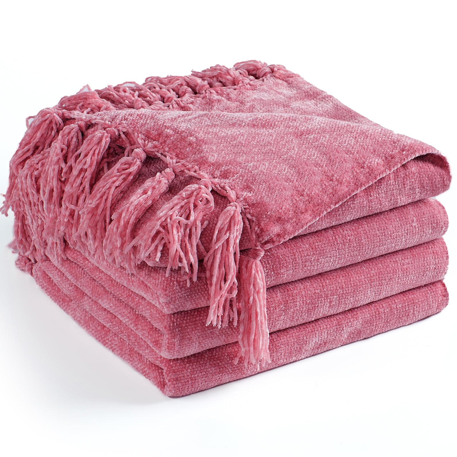 Photo 1 of LONG CREATE Chenille Throw Blanket for Couch 50"X 60", Soft Cozy Throws with Fringe Tassel for Bed Sofa Chair Cover, Lightweight Knitted Decorative Boho Blankets for Living Room, Rose Pink