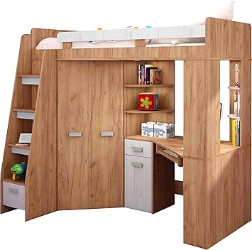 Mueble infantil con cama alta tipo litera incorporada y escaleras en el