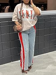 Angsuttc Womens Jeans with Patchwork Stripes High