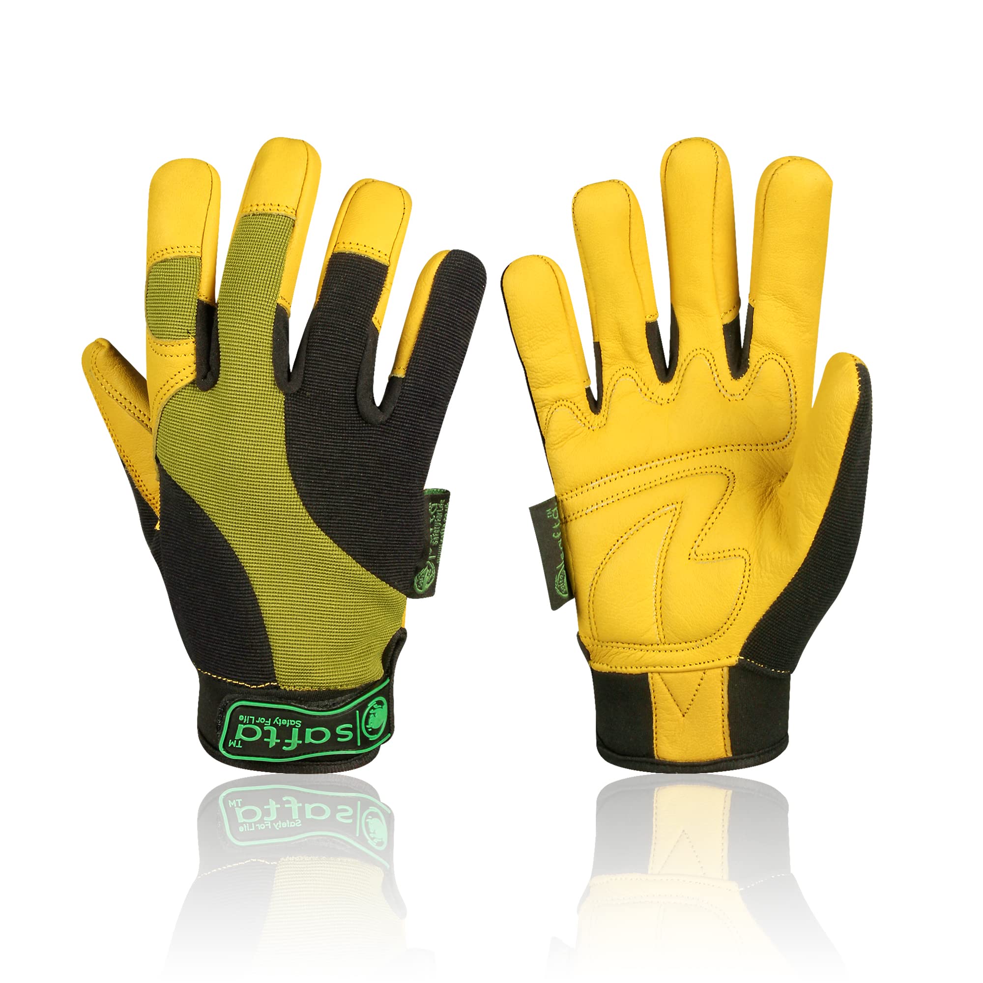 SAFTA Mechanic Work Gloves Flexible Sheep Leather Palm, Breathable Spandex Back, Utility Safety Gloves for Engineering, Driving, Gardening & Assembly SIZES (M to XL) (Yellow, XLarge)