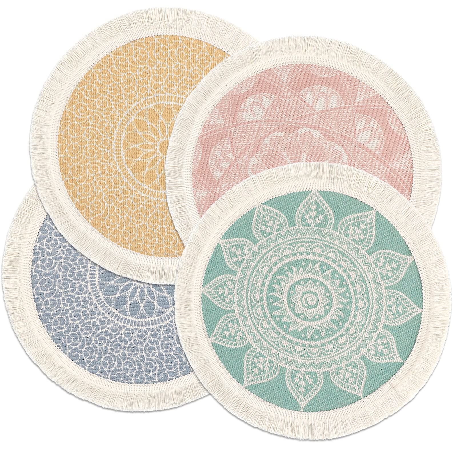 Weldomcor Set of 4 Round Placemats 13 Inch Table Mats Boho Cotton Woven Mandala Tassels Heat Proof Washable Circle Place Mat for Kitchen Dining Wedding Farmhouse Home Decoration