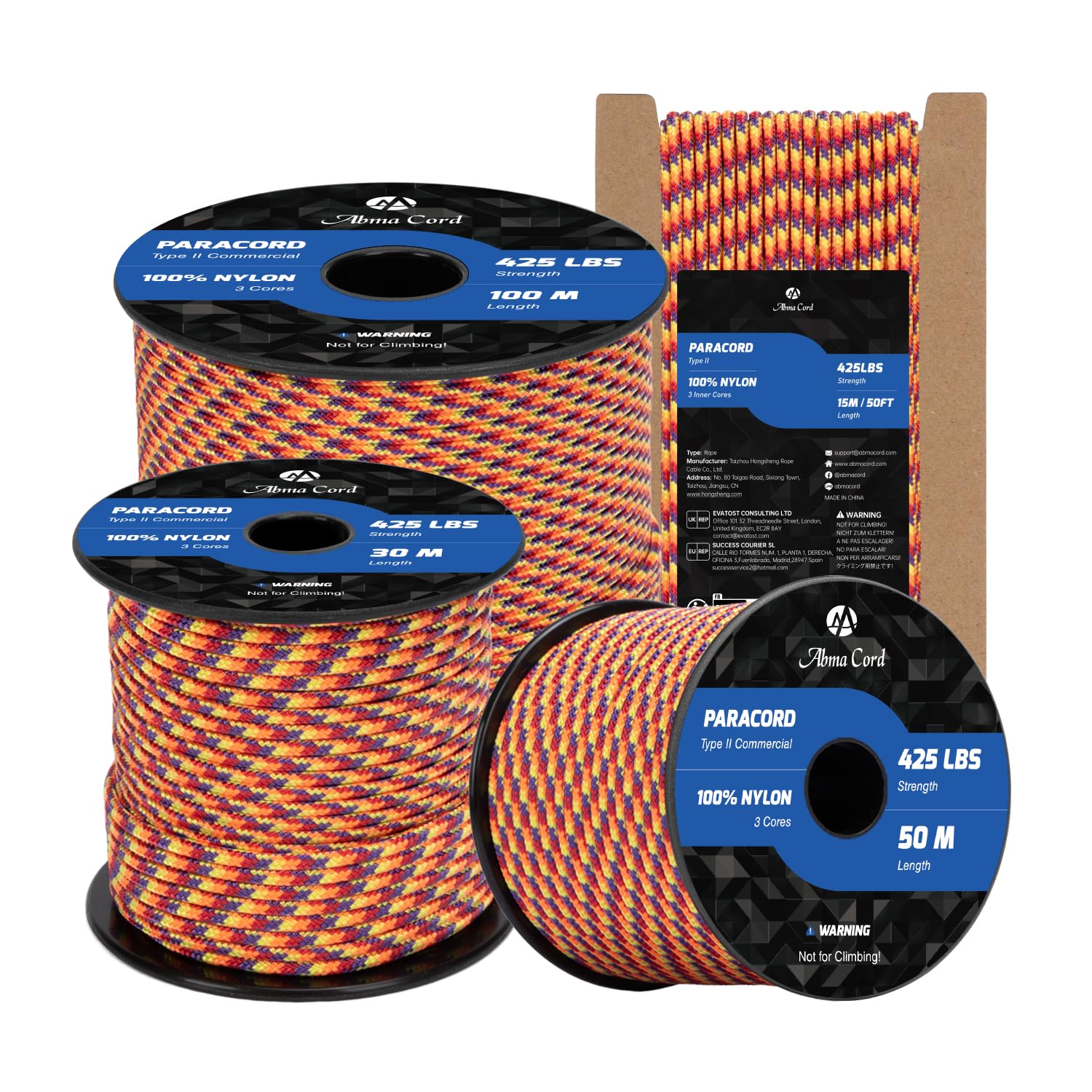 Abma Cord Paracord 3mm 50m 100% Nylon Rope Type II 3 Strands Parachute Cord - Max. 192kg (425lbs) - Phoenix Sunrise